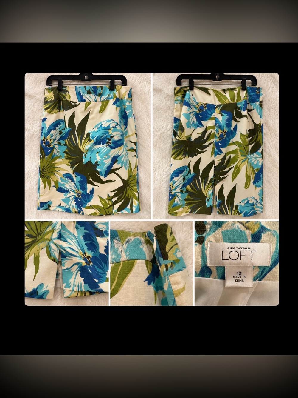 LOFT Cream Floral Pencil Skirt with Blue and Green Botanicals